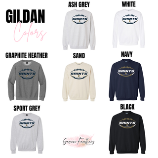 Topeka Saints gridiron crest crewneck color options in ash grey, white, graphite heather, sand, navy, sport grey, and black