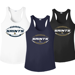 Topeka Saints gridiron crest women’s performance racerback tanks in white, true navy, and black