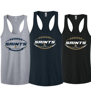 Topeka Saints gridiron crest women’s racerback tanks in heather grey, white, black, and midnight navy