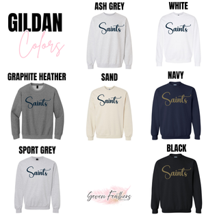 Topeka Saints signature script Gildan crewneck color options in Ash Grey, White, Graphite Heather, Sand, Navy, Sport Grey, and Black