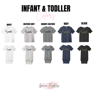 Topeka Saints signature script infant bodysuit and toddler short sleeve color options