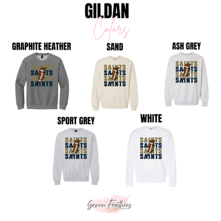 Topeka Saints stacked football bolt crewneck color options in graphite heather, sand, ash grey, sport grey, and white