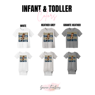 Topeka Saints stacked football bolt infant and toddler color options in white, heather grey, and granite heather