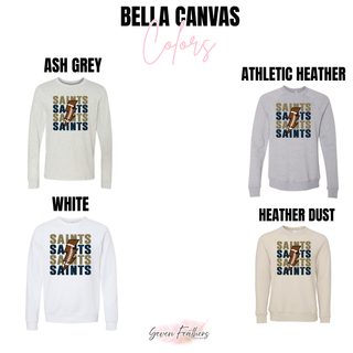 Topeka Saints stacked football bolt long sleeve and crewneck color options in ash grey, athletic heather, white, and heather dust