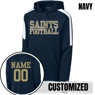 Navy and white Topeka Saints textured varsity football colorblock performance hoodie with personalized back option