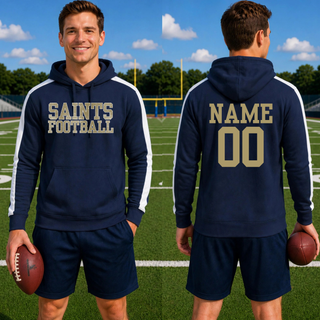 Navy and white Topeka Saints textured varsity football colorblock performance hoodie shown from the front and back