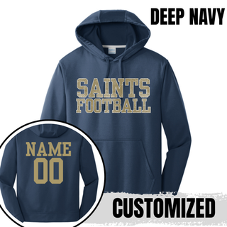 Deep navy Topeka Saints textured varsity football performance fleece hoodie with personalized back option