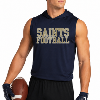 True navy Topeka Saints textured varsity football sleeveless performance hoodie modeled with a football