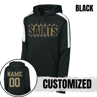 Black Topeka Saints varsity block football colorblock hoodie with optional player name and number on the back
