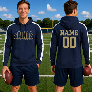 Navy Topeka Saints varsity block football colorblock hoodie shown from the front and back with optional player name and number