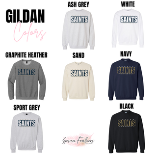 Topeka Saints Varsity Block Football Gildan crewneck sweatshirt color options