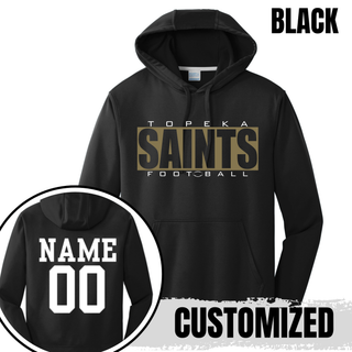 Black Topeka Saints varsity block football performance fleece hoodie with optional player name and number on the back