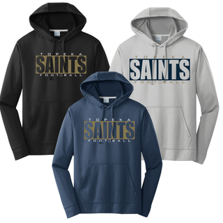 Topeka Saints varsity block football performance fleece hoodies in black, silver, and deep navy