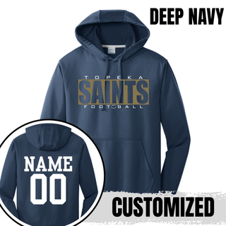Deep navy Topeka Saints varsity block football performance fleece hoodie with optional player name and number on the back