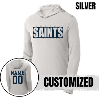 Silver Topeka Saints varsity block football performance hoodie with optional player name and number on the back