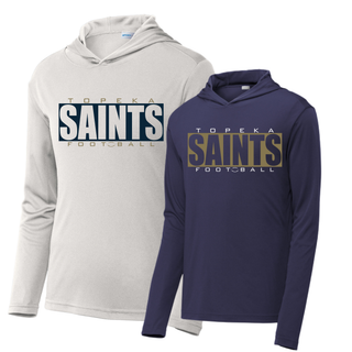 Topeka Saints varsity block football performance hoodies in silver and true navy
