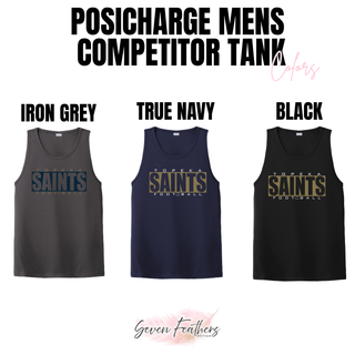 Topeka Saints varsity block football performance tank color options in iron grey, true navy, and black