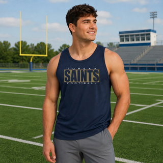 True navy Topeka Saints varsity block football performance tank on a football field