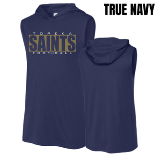 True navy Topeka Saints varsity block football sleeveless hoodie shown from the front and back