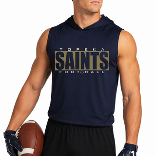 True navy Topeka Saints varsity block football sleeveless hoodie on a football player