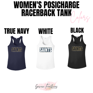 Topeka Saints varsity block football women’s performance racerback tank color options in true navy, white, and black