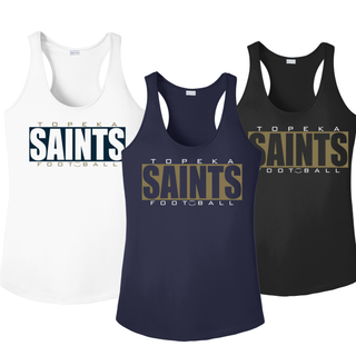 Topeka Saints varsity block football women’s performance racerback tanks in white, true navy, and black