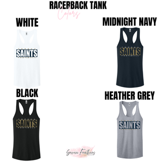 Topeka Saints varsity block football women’s racerback tank color options in white, midnight navy, black, and heather grey
