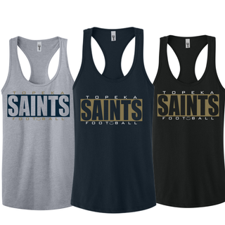 Topeka Saints varsity block football women’s racerback tanks in heather grey, midnight navy, and black