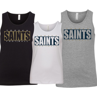 Topeka Saints varsity block football youth jersey tanks in black, white, and athletic heather grey