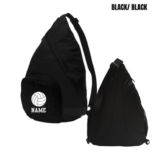 Front and back view of black personalized volleyball sling pack