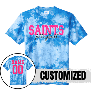 Blue tie-dye volleyball graphic tee shown with customized pink name and number on back