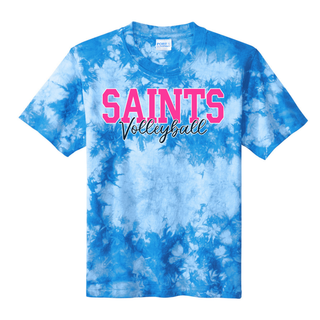 Blue crystal tie-dye graphic tee with pink Saints Volleyball script logo on front