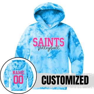 Blue tie-dye volleyball hoodie shown with customized pink name and number on back