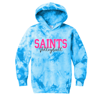 Blue crystal tie-dye pullover hoodie with pink Saints Volleyball script logo on front