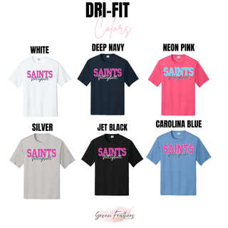 Topeka Saints Volleyball bold block script Dri-Fit performance top color options white deep navy neon pink silver jet black and carolina blue