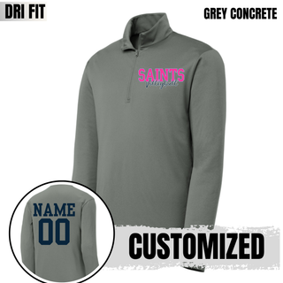 Concrete grey Dri-Fit Quarter Zip Pullover front design with customizable navy name and number on back, Topeka Saints Volleyball