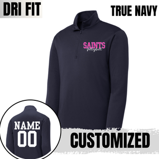 True navy Dri-Fit Quarter Zip Pullover front design with customizable name and number on back, Topeka Saints Volleyball
