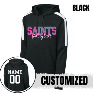 Black Fan Favorite Hoodie front design with customizable name and number on back, Topeka Saints Volleyball