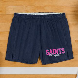 True navy jersey knit squad short with pink Saints Volleyball script design, Topeka Saints Volleyball spirit wear