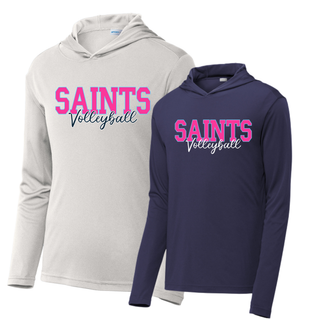 Silver and true navy PosiCharge Competitor Hoodie with pink Saints Volleyball script design, Topeka Saints spirit wear