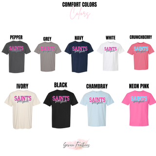 Topeka Saints Volleyball bold block script top color options pepper grey navy white crunchberry ivory black chambray and neon pink