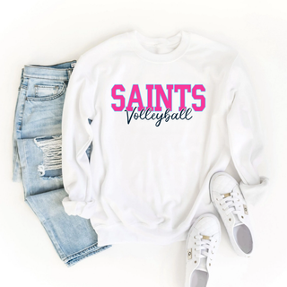 Topeka Saints Volleyball bold block script top in white flat lay with jeans and sneakers