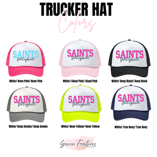 Trucker hat color options including neon pink, cloud pink, black, deep smoke, neon yellow, and navy