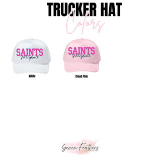 Trucker hat shown in white and cloud pink color options with Saints Volleyball logo