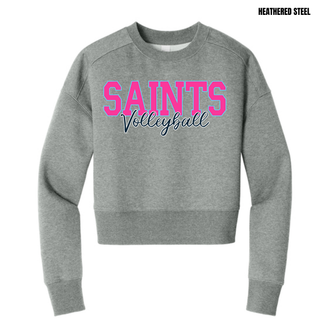Heathered steel women's Fleece Cropped Crew with pink Saints Volleyball script design, Topeka Saints spirit wear