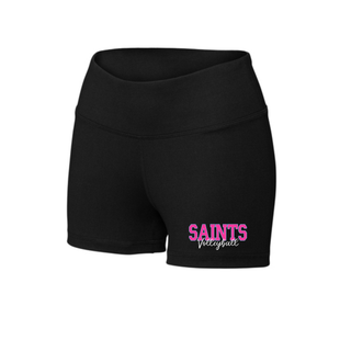 Black women's Interval short with pink Saints Volleyball script design on the hip, Topeka Saints Volleyball spirit wear