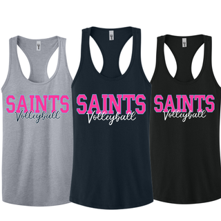Topeka Saints Volleyball Bold Block Script Women's Racerback Tank shown in heather grey, midnight navy, and black