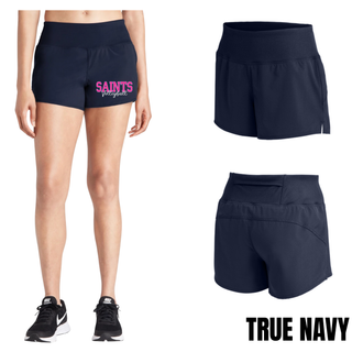 Model wearing true navy Topeka Saints Volleyball Bold Block Script Repeat short, front and back detail view