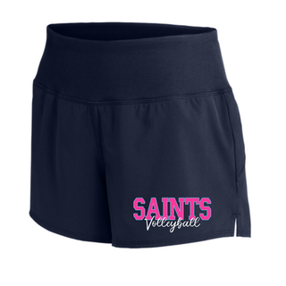 True navy women's Repeat short with pink Saints Volleyball script design, Topeka Saints Volleyball spirit wear