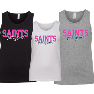 Topeka Saints Volleyball Bold Block Script Youth Jersey Tank in black, white, and athletic heather grey